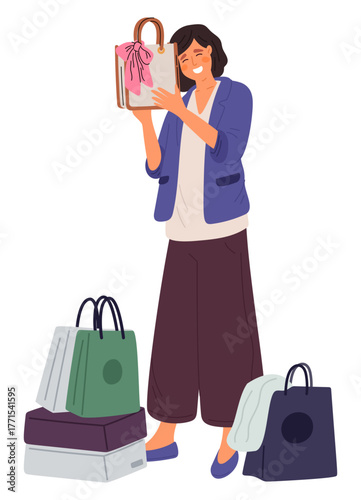 Happy young woman hugs beautiful new handbag. Girl enjoying her shopping experience. Young customer with boxes and bags from store. Shopaholic female making purchase. Vector concept