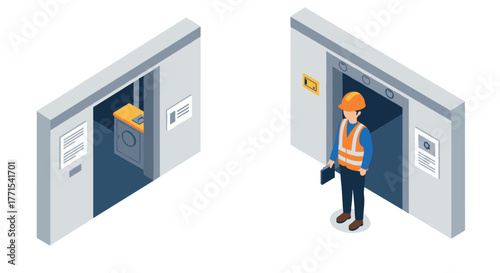 Isometric elevator scene with construction worker in safety gear and control panel details