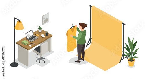Isometric home office fashion studio with desk and backdrop