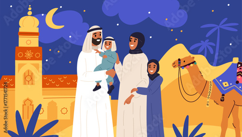 Happy Arab family against backdrop of landscape of muslim country. Arabian parents together with children. Night desert scenery. Camel and mosque. Islamic couple portrait. Vector concept