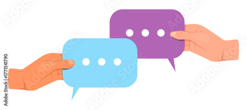 Hands holding speech bubbles. Speakers dialog. Social connection. Communicate talk. Arms with chat frames. Discussion and debates. Vector concept of communication between two people