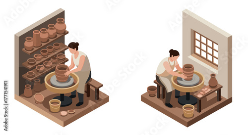 Crafting pottery in a studio: isometric art of a potter shaping clay