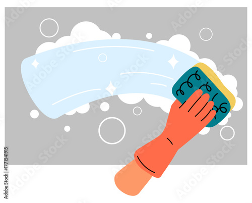 Hand wearing rubber glove washes dirty, dusty glass with large sponge and foam. Arm wiping window. Housekeeping maid work. Cleanup service. Disinfect cleanser froth. Vector concept