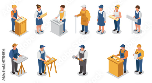 Isometric workers performing various tasks at workstations in uniforms
