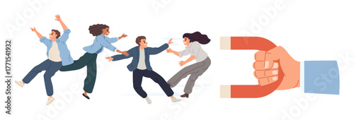 Hand with magnet attracts people. Attracting and retaining customer. Clients leads magnetic power. Social media technology. Subscribers group join. Followers generate. Vector concept
