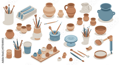 Isometric pottery and painting tools collection in earthy tones