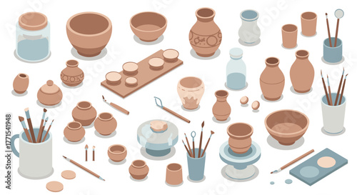 Rustic pottery and art supplies in pastel tones featuring bowls, vases, and brushes