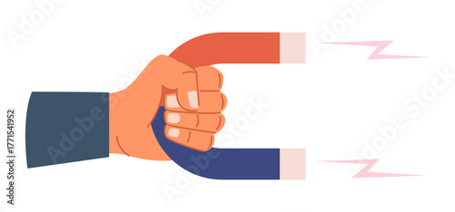 Hand holds large magnet. Attract power. Electromagnetic energy. Magnetic horseshoe. Marketing force. Followers generate. Magnetite polarity. Vector concept of attraction or magnetism