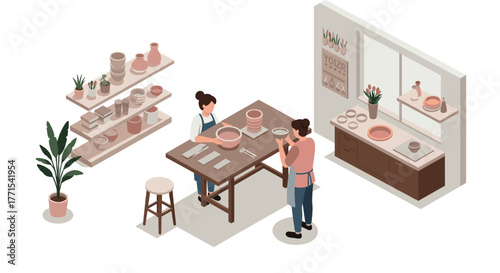 Ceramic workshop with two women crafting pottery in isometric style