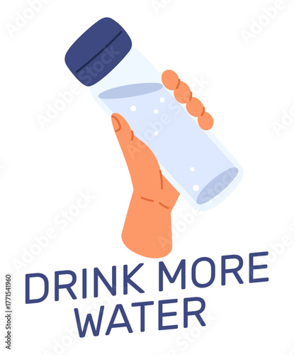 Hand holding bottle of clean drinking water. Quench thirst. Refreshment and hydration. Bottled pure aqua. Plastic reusable flask. Refreshing beverage. Vector concept of healthy H2O drink
