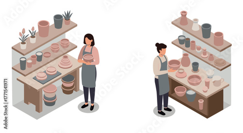 Isometric ceramics workshop with people arranging pottery on shelves