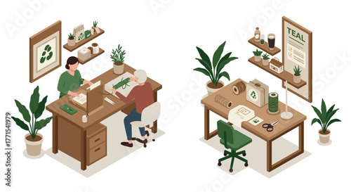 Eco-friendly home office setup with plants and sustainable materials in isometric design