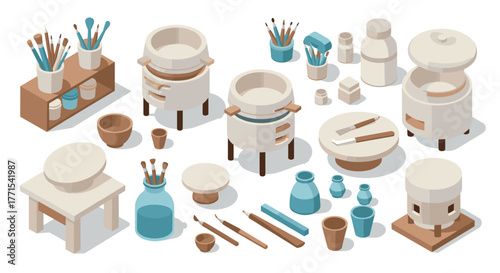Isometric pottery studio equipment set with ceramic tools and supplies