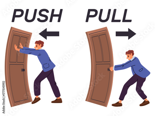 Guy pushes or pulls door toward himself. Move direction arrow. Entrance doorknob. Entry instruction. Careful slam. Doorway approach. Vector concept of opening lock by pulling or pushing