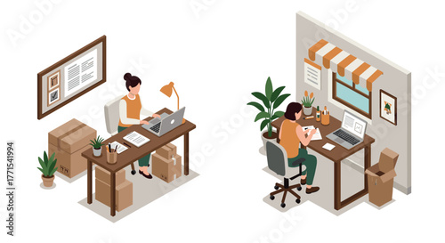 Isometric home office scenes with remote work and office supplies