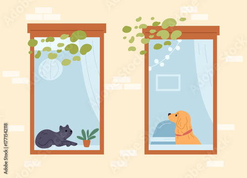 Dog and cat look into windows of neighboring apartments. Pets were left home alone. Residential building facade. Puppy and kitten on home windowsill. Animal loneliness. Vector concept