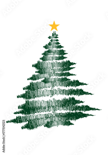 Hand-drawn green Christmas tree with layered branches and a yellow star on top.