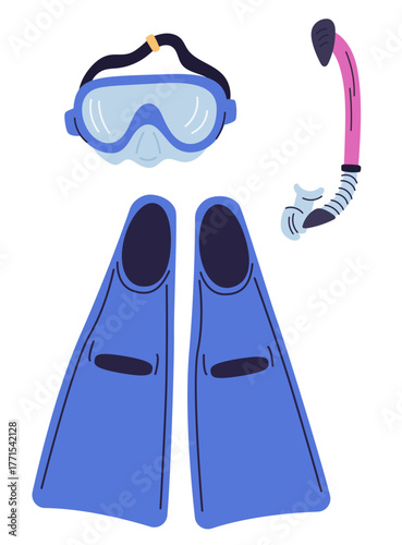 Diving equipment. Snorkeling tools. Snorkel and fins. underwater tube. Aquatic scuba mask with goggles. Underwater swimming. Ocean beach leisure. Vector marine diver isolated objects set