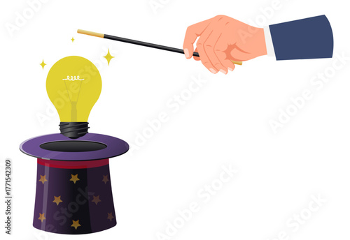 Businessman pulls light bulb out of his hat with magic wand. Creating idea. Conjurer tricks top hat. Brainstorm solution. Insight lamp in magician cap. Inspiration glow. Vector concept