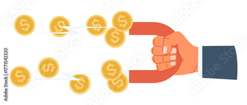 Businessman hand attracts gold coins with large magnet. Electromagnetic force attracting or drawing money. Lodestone gravity. Finance magnetism. Dollar cash magnetite. Vector concept