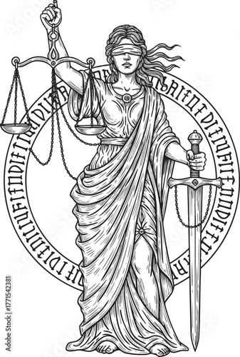 A detailed black and white line art illustration of a blindfolded Lady Justice in a flowing robe holding scales and a sword.