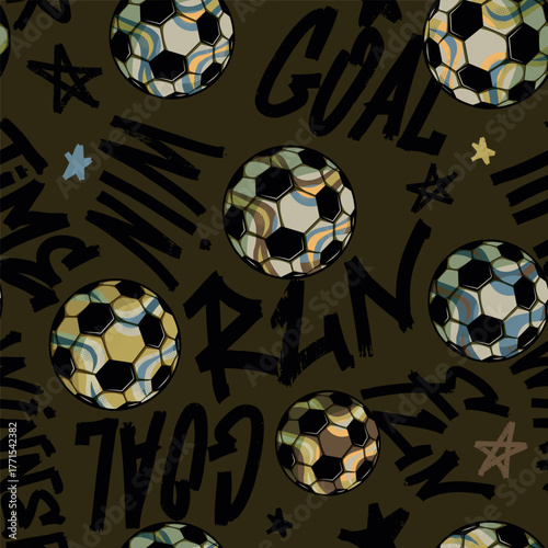 Seamless football pattern with soccer balls, graffiti street art style test, stars. Sporty phrases. Football print for boys accessories, textile, wrapping paper. Playful print for kids activewear
