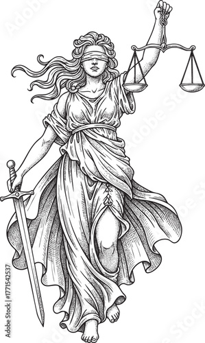 A detailed black and white line art illustration of the blindfolded Lady Justice holding her scales and sword.