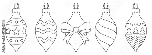 Icicle elongated Christmas tree decoration with decorative patterns. Coloring Page Set for holiday crafts, classroom activity, advent calendar, DIY gift tags, and festive printable decorations. Vector