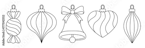 Assorted Christmas Ornament Shapes including candy, bell, heart and elongated decoration. Coloring vector set for holiday window decoration, Christmas card making, paper craft, and seasonal art class
