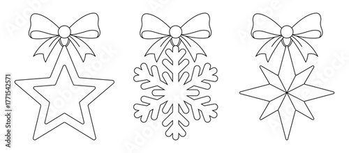 Star and Snowflake hanging decorations with bows, isolated on a clean background. Coloring template for holiday door hanger, Christmas window cling, seasonal garland, and winter art therapy activity