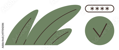 Green leaves paired with a checkmark inside a circle imply eco-friendly practices and verification. Ideal for sustainability, nature, approval, eco-certification, eco-commerce, environmental care