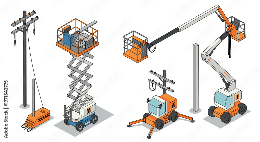 Fototapeta premium Isometric lifts and aerial platforms for construction and maintenance