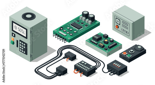 Isometric electronic components collection featuring circuit boards and control panels