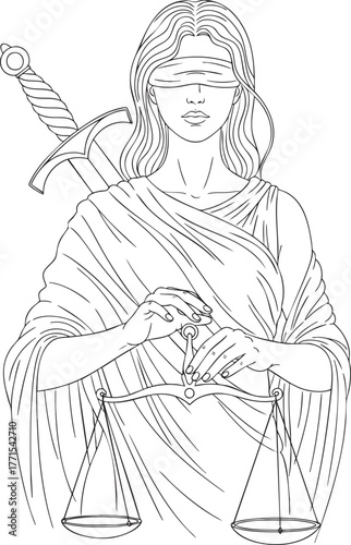 A detailed line drawing of the blindfolded Lady Justice holding the scales of justice with a sword.