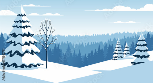 Winter forest landscape with snow-covered pine trees and rolling hills under a clear blue sky