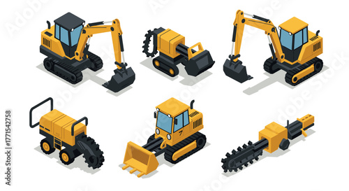 Isometric construction equipment set: excavators, loaders, and trenchers in yellow