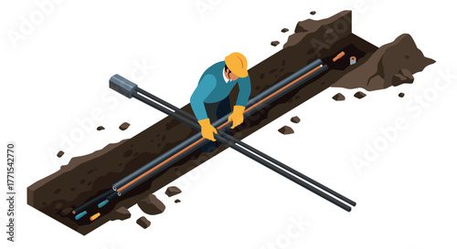 Construction worker installing pipes in isometric trench scene