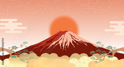 富士山, 年賀状, 赤富士, 山, お正月, 晴天, 快晴, 和風, 和柄, 美しい, 世界遺産, 登山, 風景, 景色, 手書き, ベクター, アート, グラフィック, 雪, 花, 梅, 緑, 葉, 松, 飛沫, 日本