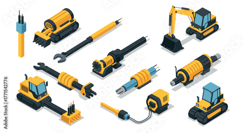 Isometric construction machinery and tools set featuring excavators and drills