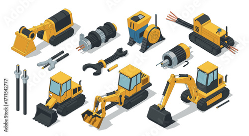 Isometric construction equipment and tools collection for industrial design projects
