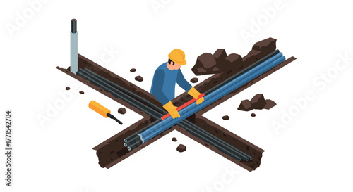 Construction worker installing underground pipes in isometric style