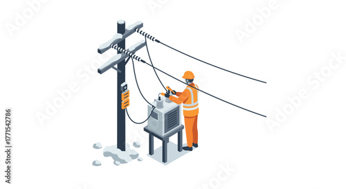 Isometric utility worker repairing power line in winter setting