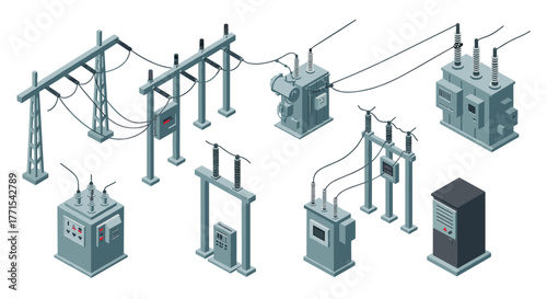 Isometric power substation elements with transformers and control panels