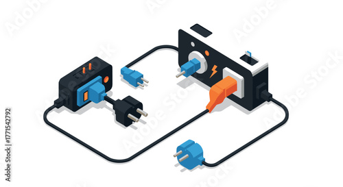 Isometric electrical plugs and outlets connected with cords in modern design