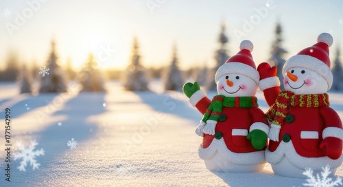 Pair of cheerful snowmen in winter wonderland scene. Christmas greeting card design with festive holiday decoration and snowy landscape copy space.