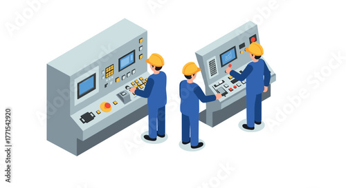 Isometric control room operators managing industrial control panels