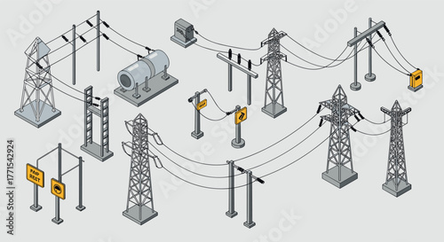 Isometric power line network with industrial structures and safety signs