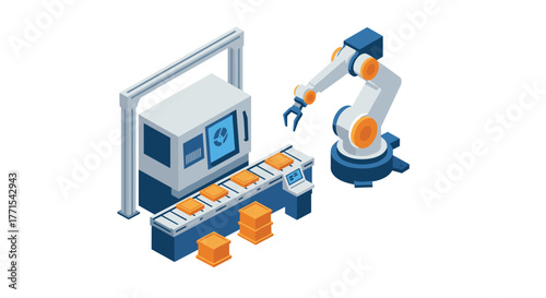 Isometric factory automation with robotic arm and conveyor system
