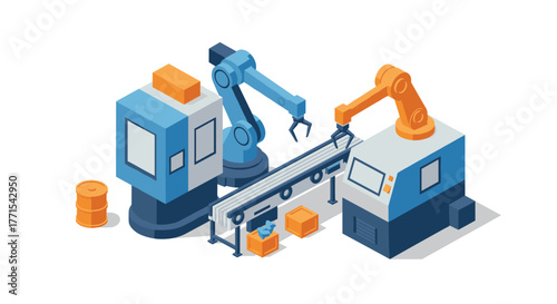 Automated manufacturing process with robotic arms and conveyor belt in isometric style