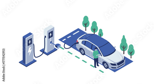 Electric vehicle charging at modern station with eco-friendly design